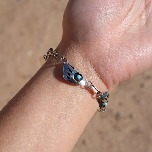 Navajo Sterling Silver Link Bracelet Shadow Box Turquoise Jewelry Sz 8.75in. ** - Picture 11 of 12